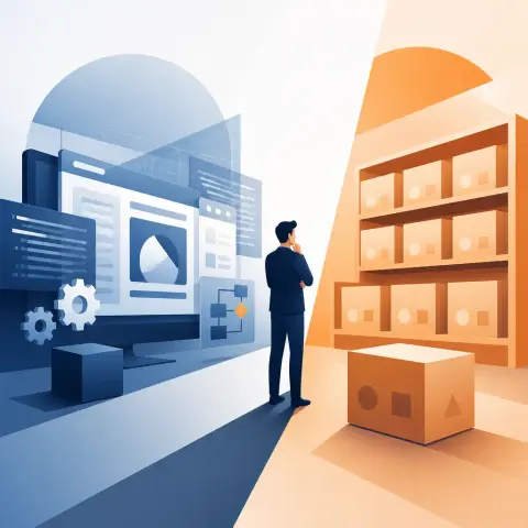 Flat-vector illustration of Custom Software vs Off the Shelf: