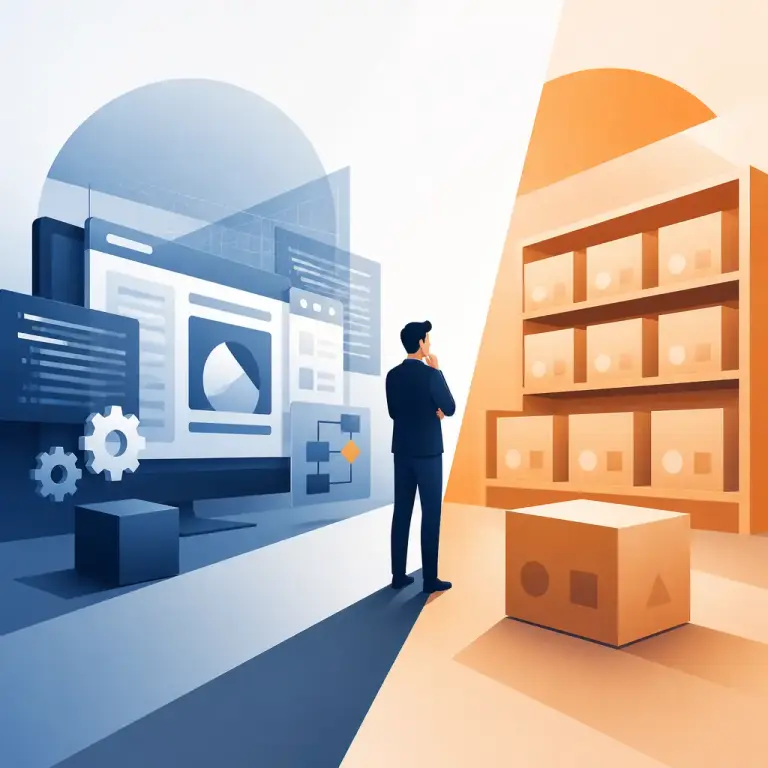Flat-vector illustration of Custom Software vs Off the Shelf: