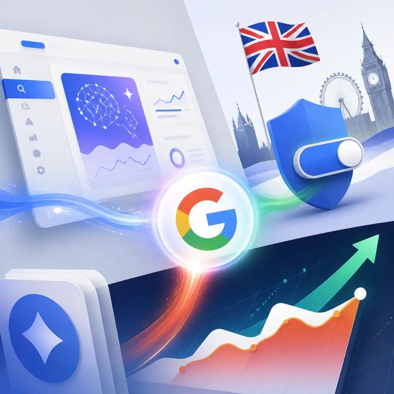 Flat-vector illustration about Google Tests AI Search Console Reports, UK Forces Opt-Out Rights, and May Core Update Lands