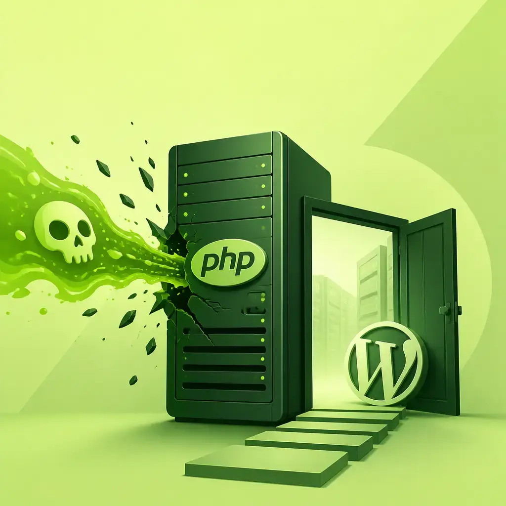 Flat-vector illustration about PHP2Shell: The Server Level PHP Flaw Putting WordPress Sites at Risk Right Now, a single bold central metaphor on a clean