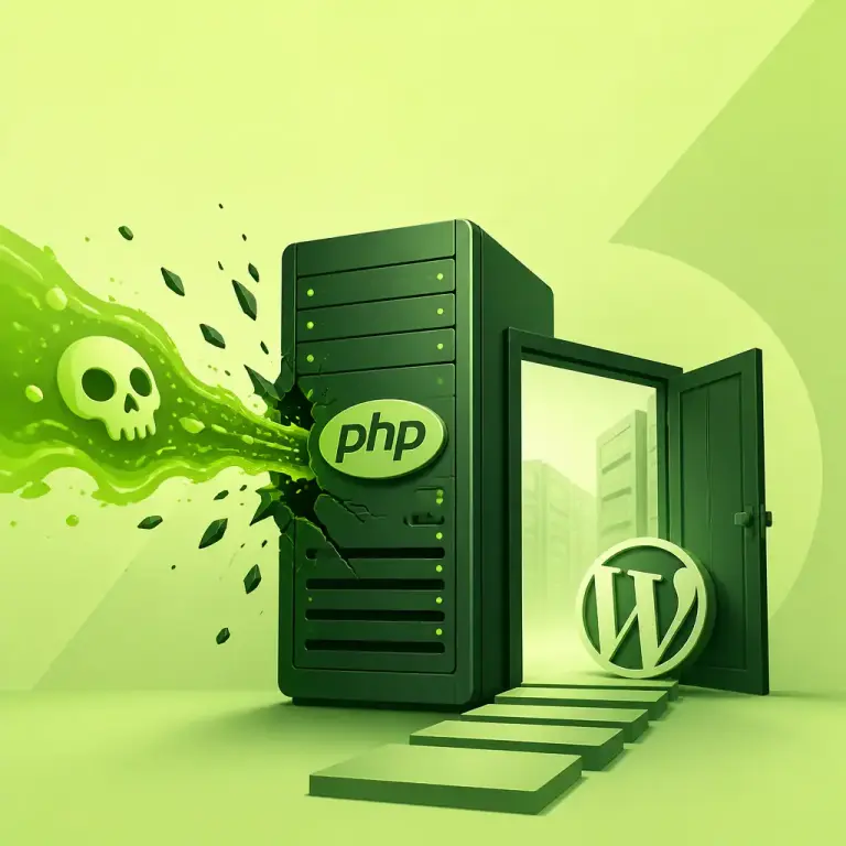 Flat-vector illustration about PHP2Shell: The Server Level PHP Flaw Putting WordPress Sites at Risk Right Now, a single bold central metaphor on a clean